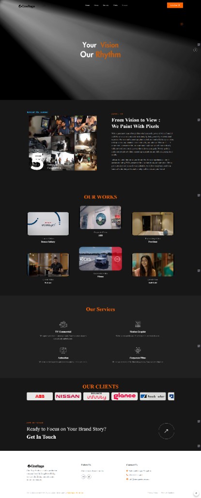 Cine Raga Studios website — cinematic landing page with spotlight hero, works showcase, services and client logos