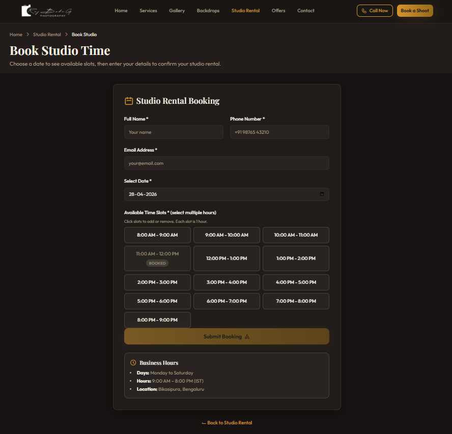 Studio Rental Booking System — live time slot availability